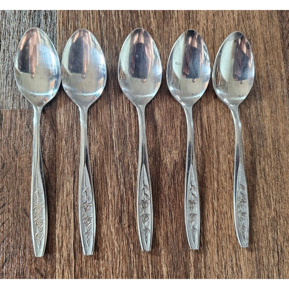 Customcraft Stainless Steel 5 Teaspoons Flatware CUS1 Roses Pattern Vintage